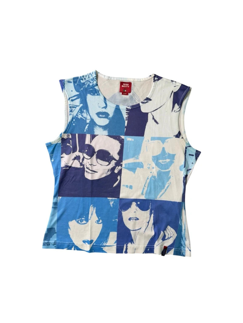 Miss Sixty Y2K Pop Art Graphic Tank Top Blue White All Over Print Size Large